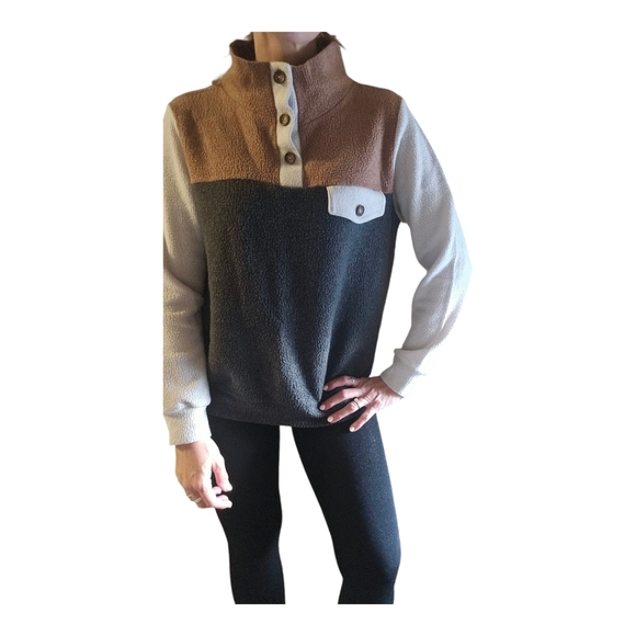 Womens Green & Tan Fleece Colorblock Mockneck Sweater Sz M Equestrian Preppy - Picture 1 of 6